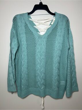 Kori America Teal Boho Open-Knit Sweater with Lace-Up Front & Back, Size S/M